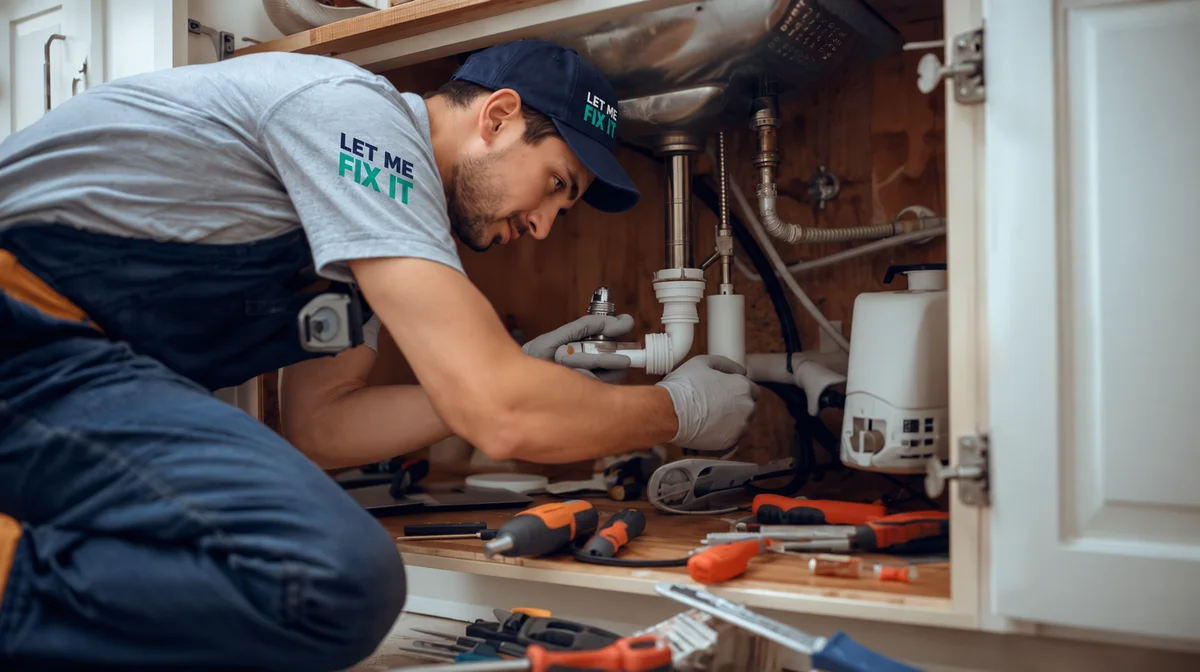 Plumber repairing pipes beneath a kitchen sink