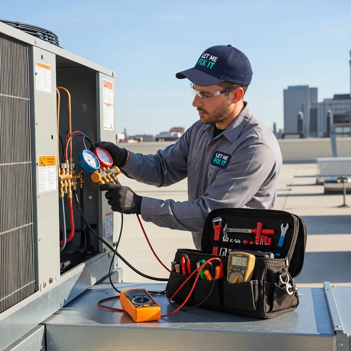 Technician servicing rooftop HVAC equipment