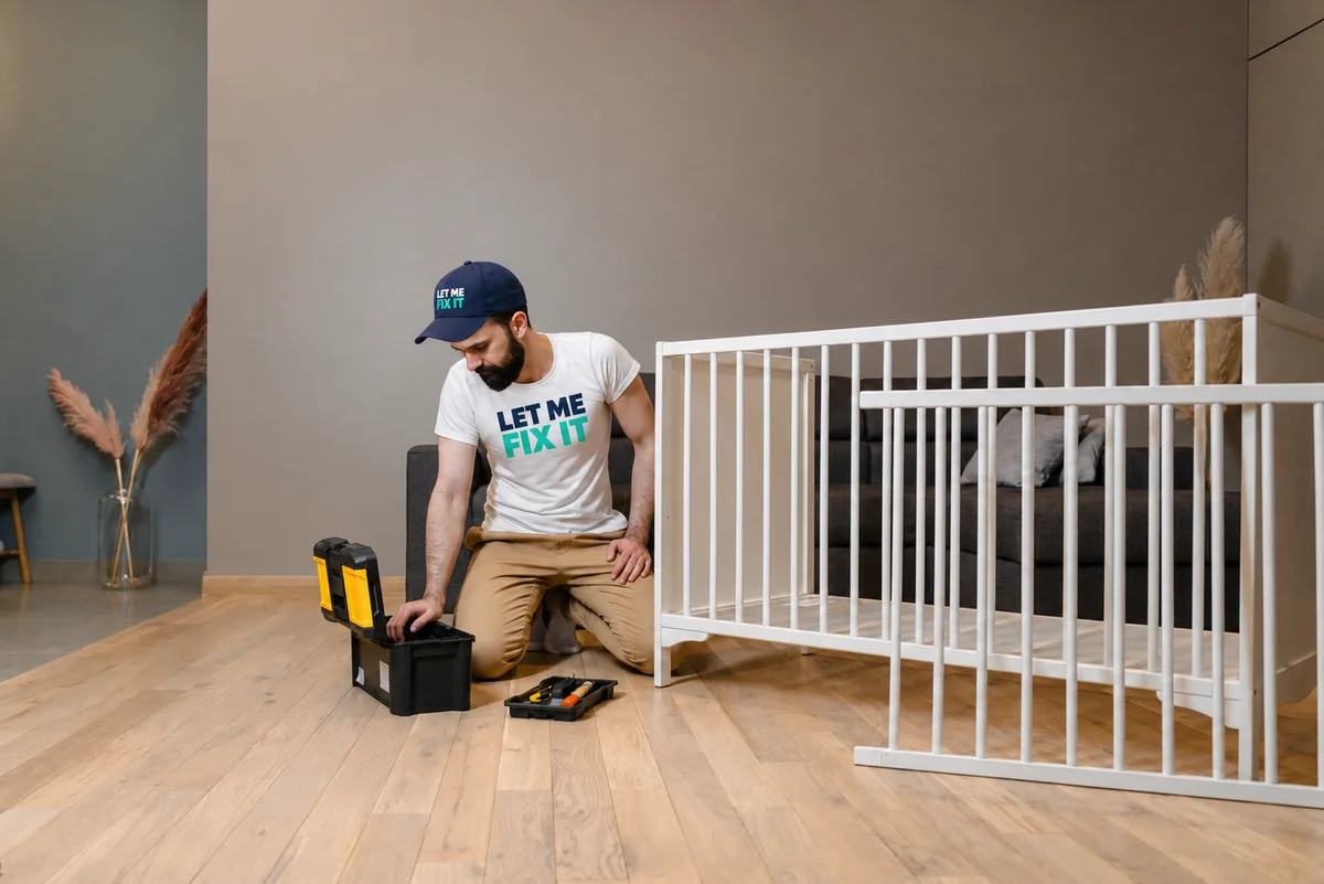 Man assembling a white flat-pack crib with household tools